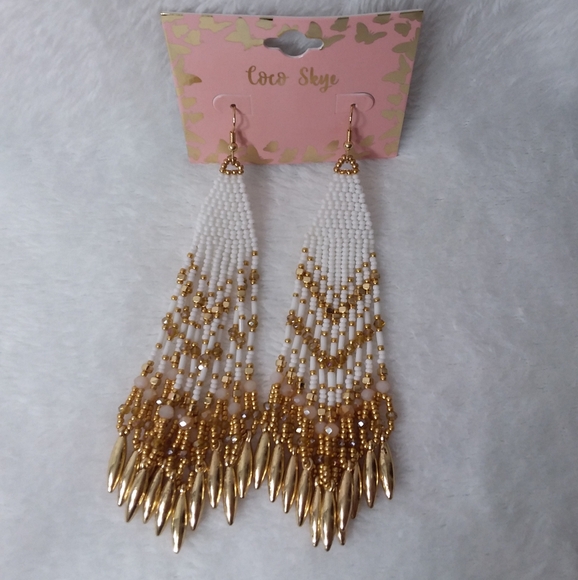 Multi-dangle Bead Pierce Earrings Gold White Beads Coco Skye - Picture 1 of 6